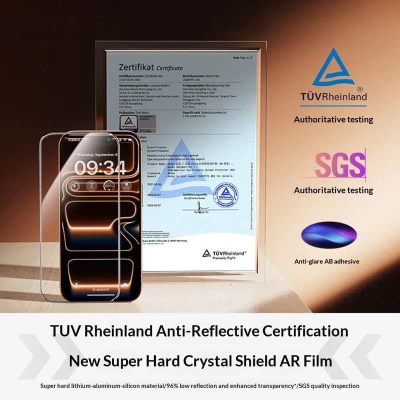 BENKS voor iPhone 17 Pro Screen Protector Lithium Aluminium-silicon Glas AR Anti-reflecterende Film