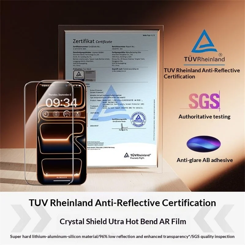 BENKS voor iPhone 17 Pro Screen Protector Lithium Aluminium-silicon Glas 3D Hot Bending Eye-Friendly AR Anti-Reflecterend Film