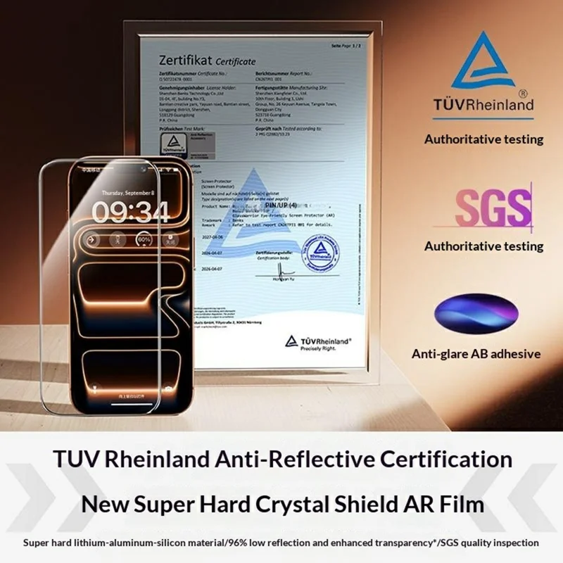 BENKS für iPhone 17 Pro Max Displayschutz Lithium Aluminium-Silizium-Glas AR Anti-Reflexionsfolie