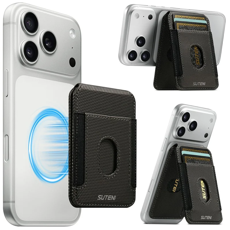 SUTENI S6 Magnetic Card Holder RFID Blocking PU Leather Phone Stand Wallet with Built-in Pivot - Grey
