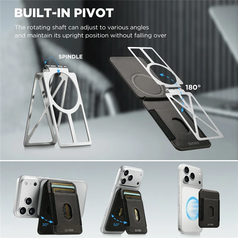 SUTENI S6 Magnetic Card Holder RFID Blocking PU Leather Phone Stand Wallet with Built-in Pivot - Grey