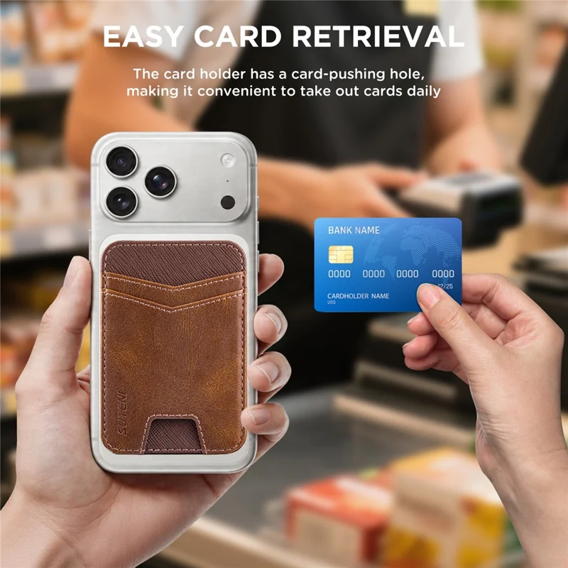 SUTENI S7 Phone Magnetic Card Holder RFID Blocking Cards Slot Ultra Thin Leather Wallet - Brown