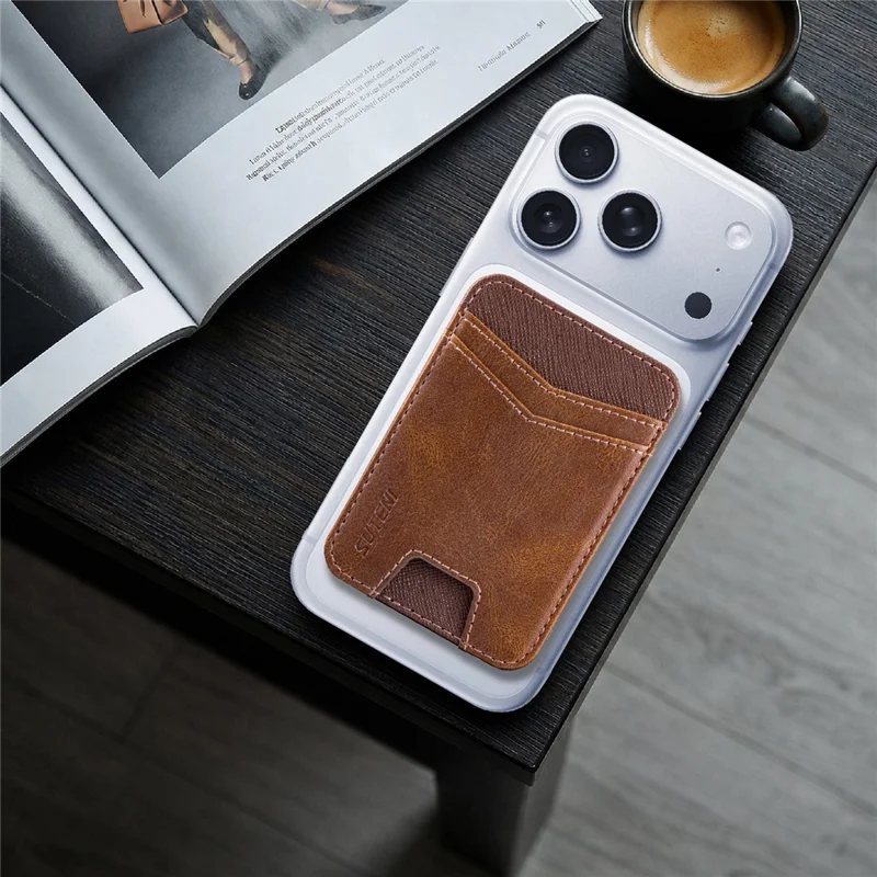 SUTENI S7 Phone Magnetic Card Holder RFID Blocking Cards Slot Ultra Thin Leather Wallet - Brown