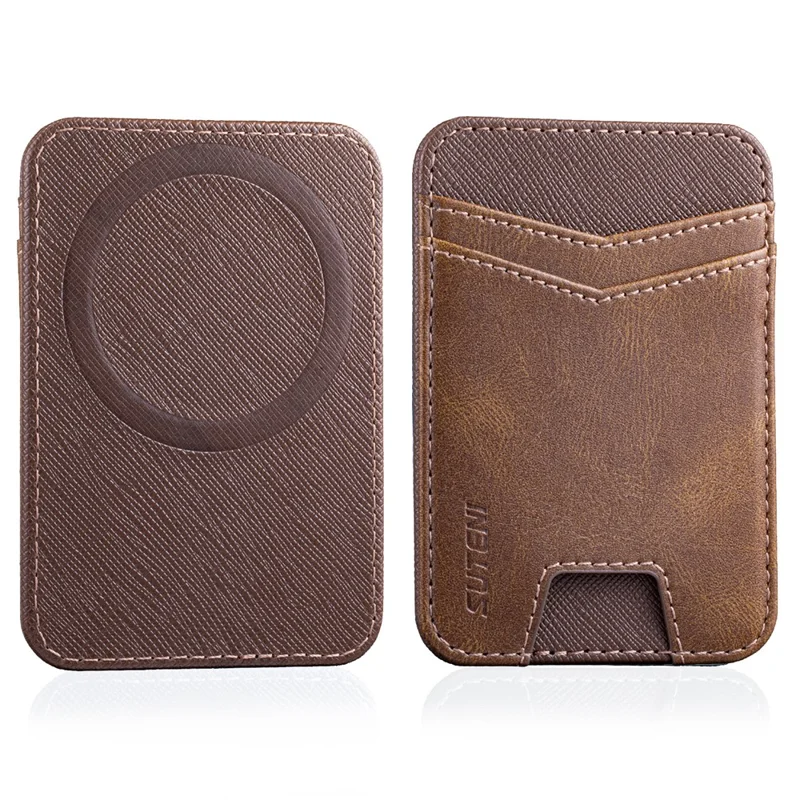 SUTENI S7 Phone Magnetic Card Holder RFID Blocking Cards Slot Ultra Thin Leather Wallet - Brown