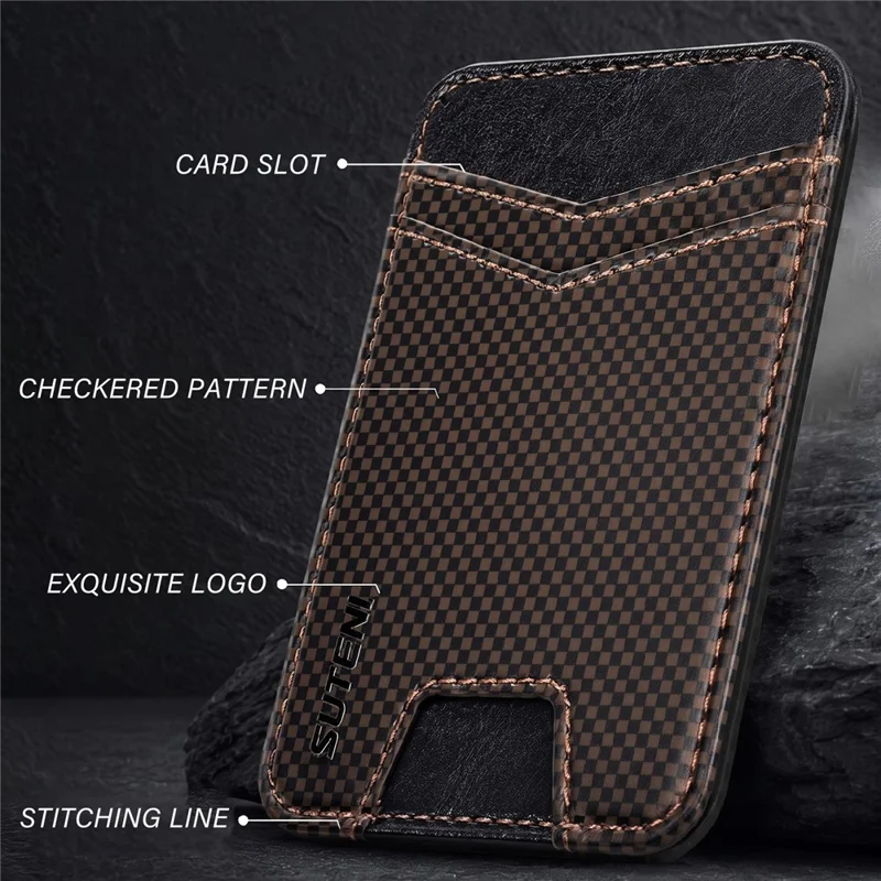 SUTENI S8 Checkered Pattern Phone Magnetic Card Holder RFID Blocking Cards Slot Ultra Thin Wallet - Brown