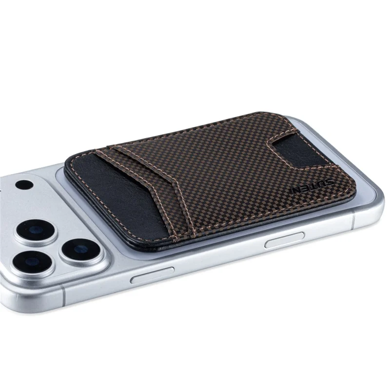 SUTENI S8 Checkered Pattern Phone Magnetic Card Holder RFID Blocking Cards Slot Ultra Thin Wallet - Brown