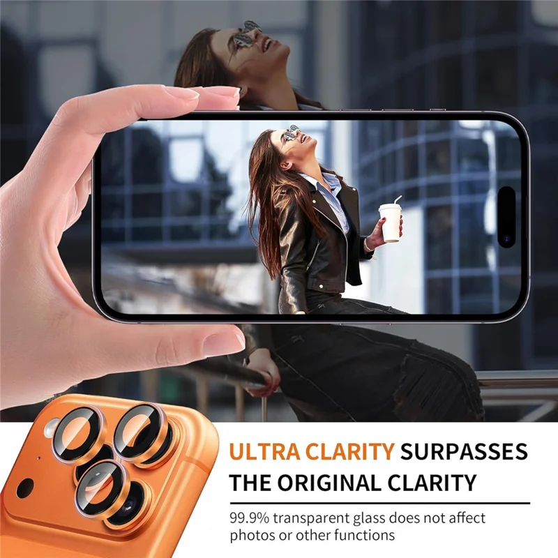 1Set For iPhone 17 Pro Camera Lens Film Tempered Glass CD Vein Metal Ring Rear Lens Protector - Orange