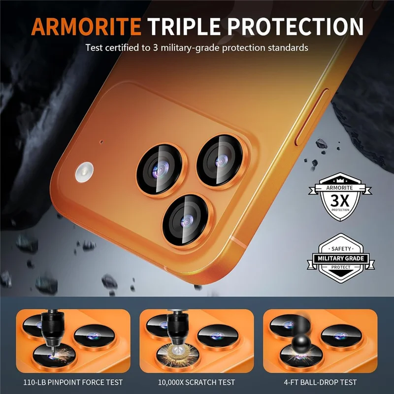 1Set For iPhone 17 Pro Camera Lens Film Tempered Glass CD Vein Metal Ring Rear Lens Protector - Orange