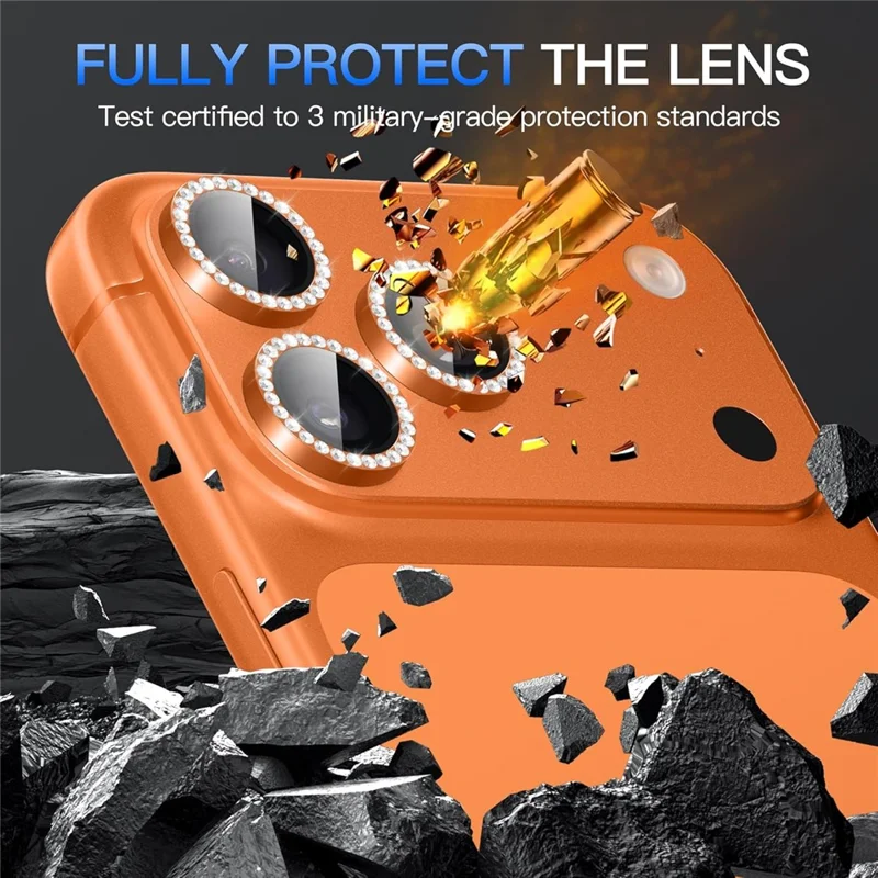 1Set For iPhone 17 Pro Camera Lens Protector Tempered Glass+Metal Ring Rhinestone Lens Film - Orange