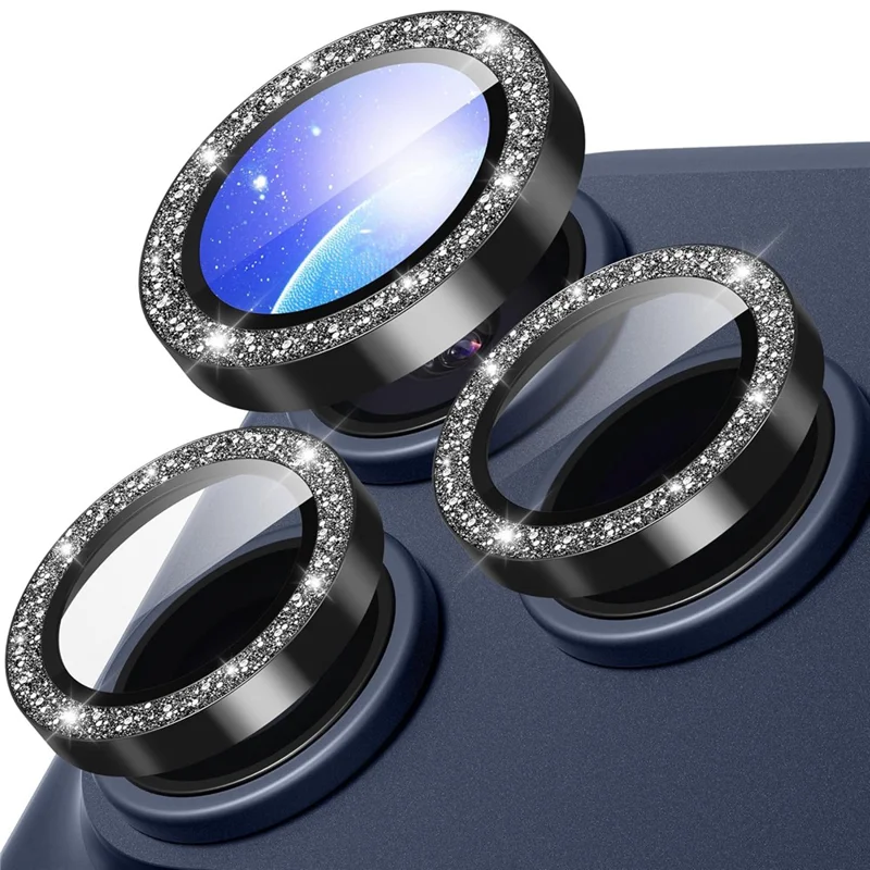 For iPhone 17 Pro Glitter Camera Lens Film Metal Ring+Tempered Glass Phone Lens Protector - Black