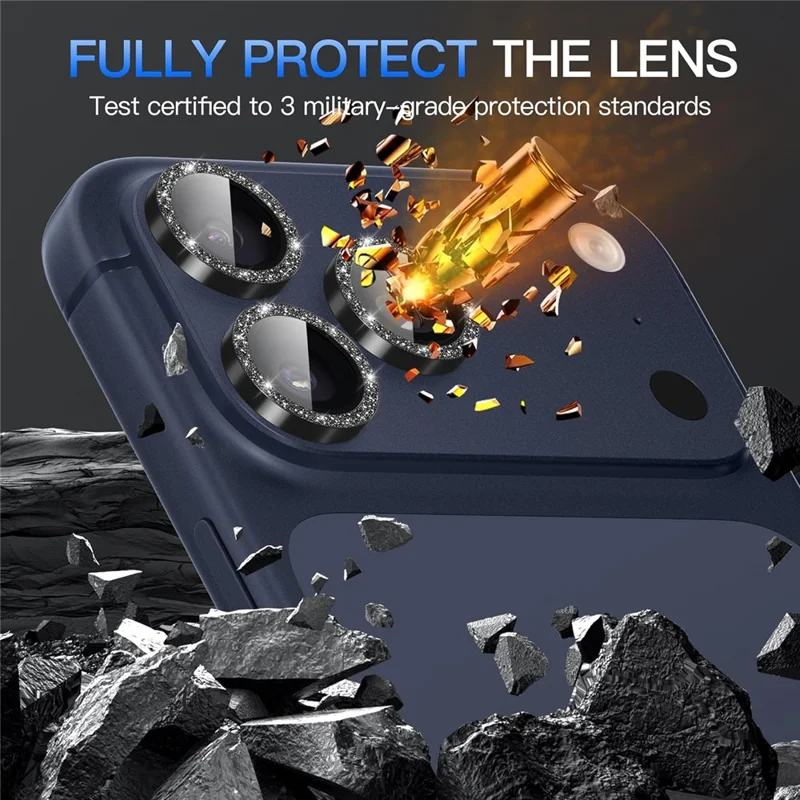 For iPhone 17 Pro Glitter Camera Lens Film Metal Ring+Tempered Glass Phone Lens Protector - Black