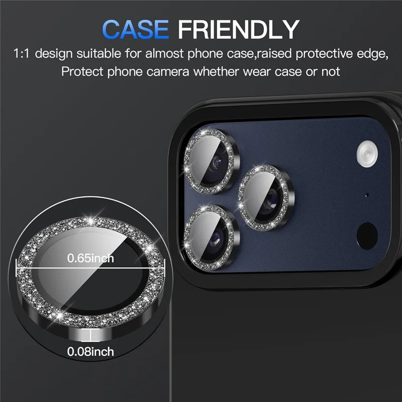 For iPhone 17 Pro Glitter Camera Lens Film Metal Ring+Tempered Glass Phone Lens Protector - Black