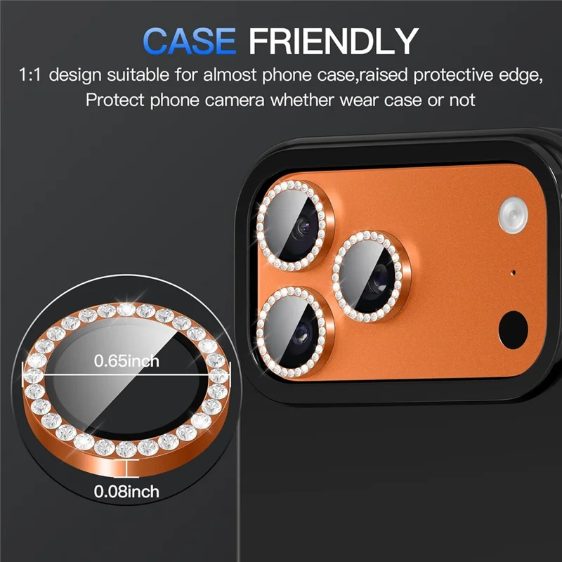 For iPhone 18 Pro 1Set Camera Lens Protector Tempered Glass+Metal Ring Rhinestone Lens Film - Orange