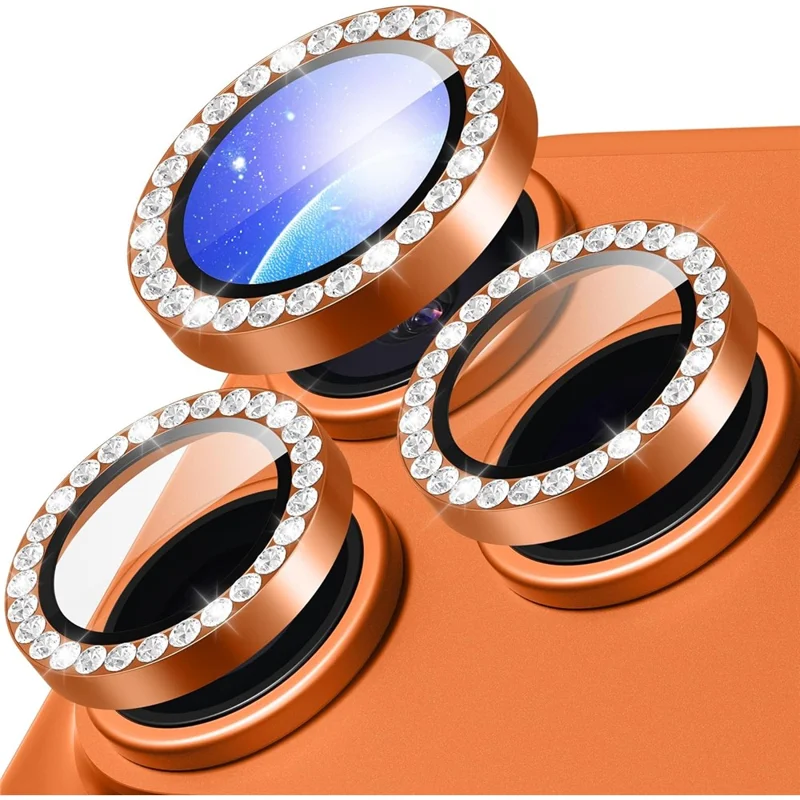 1Set For iPhone 18 Pro Max Camera Lens Protector Tempered Glass + Metal Ring Rhinestone Lens Film - Orange