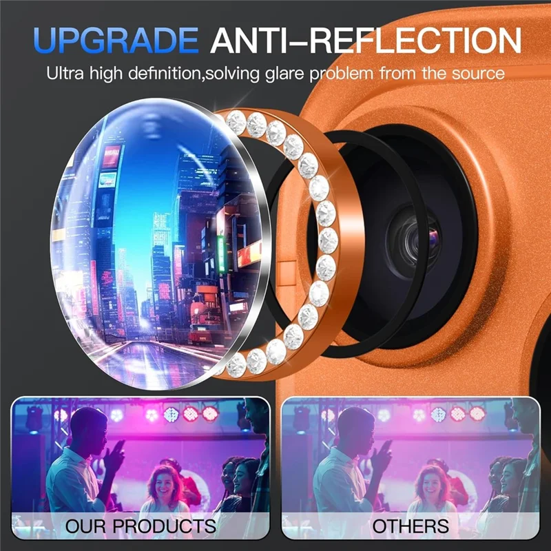 1Set For iPhone 18 Pro Max Camera Lens Protector Tempered Glass + Metal Ring Rhinestone Lens Film - Orange