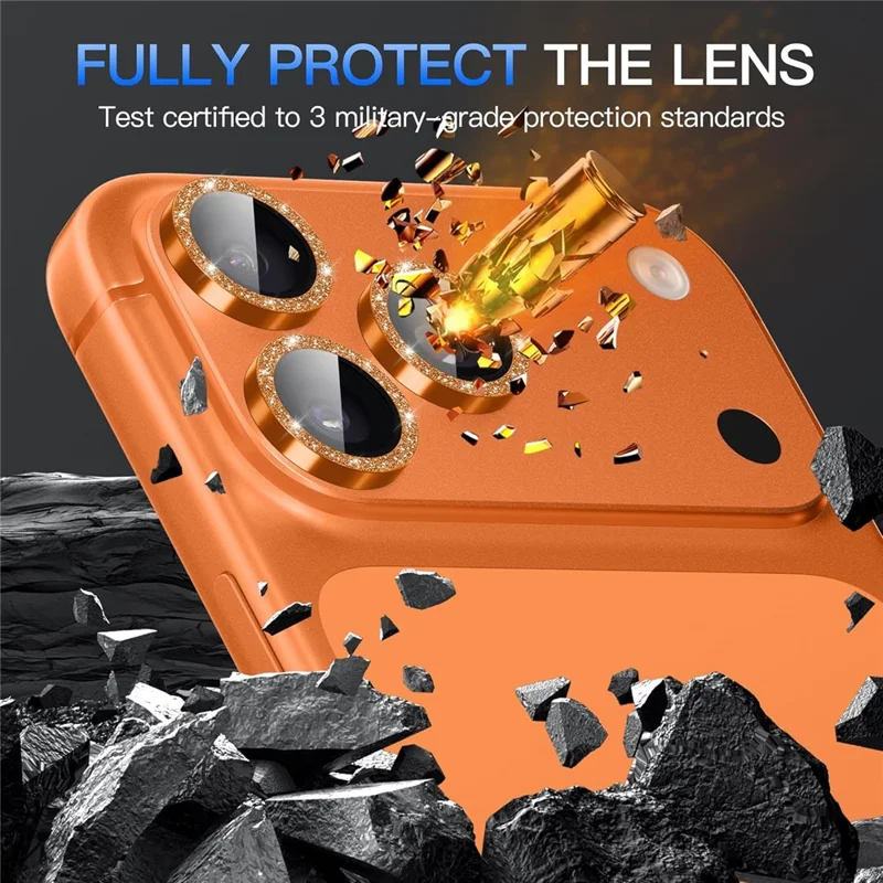 For iPhone 18 Pro Max Glitter Camera Lens Film Metal Ring + Tempered Glass Phone Lens Protector - Orange