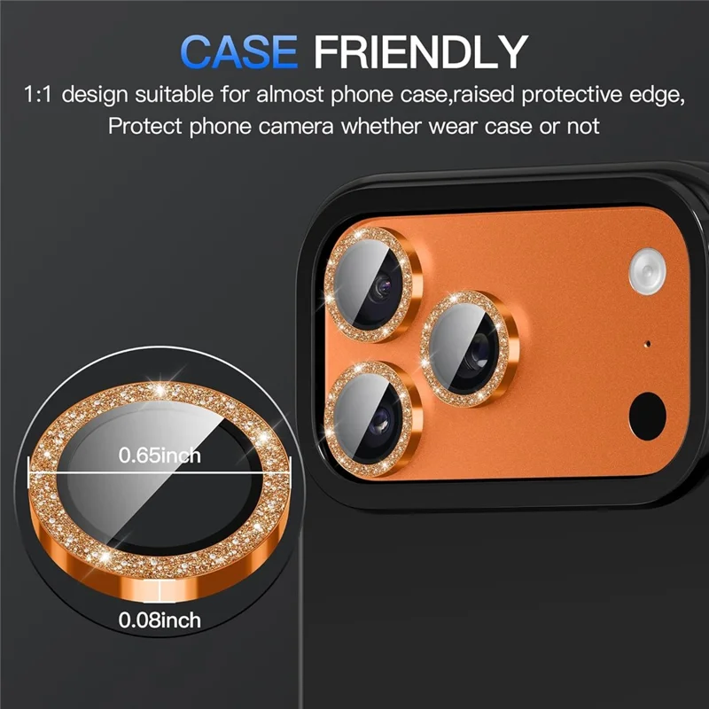 For iPhone 18 Pro Max Glitter Camera Lens Film Metal Ring + Tempered Glass Phone Lens Protector - Orange