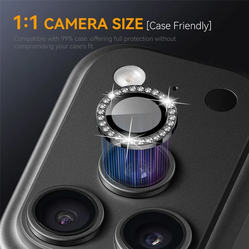 NORTHJO For iPhone 18 Pro  /  18 Pro Max Camera Lens Protector Rhinestone Ring Tempered Glass Lens Film (Complete Coverage) - Black
