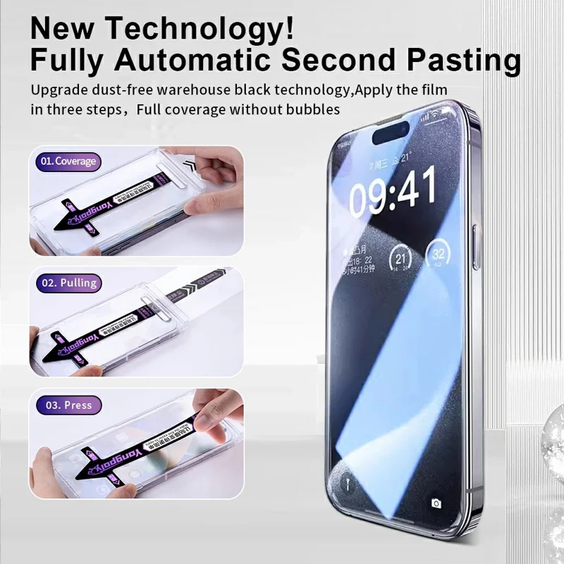 YONGPOLY voor iPhone 18 Pro Gehard Glas Zijde-afdruk HD Heldere Screenprotector met Stofdichte Net - Zwarte Rand