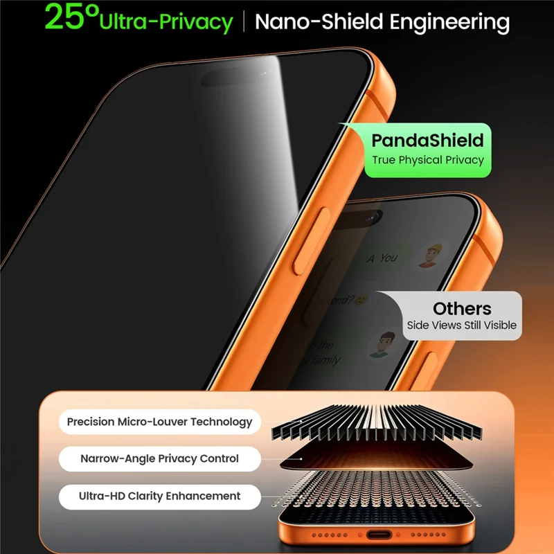 PANDASHIELD 3Pcs Privacy Screen Protectors for iPhone 18 Pro Max , 25° Anti-Spy Tempered Glass Film with Auto Alignment Kit - 7