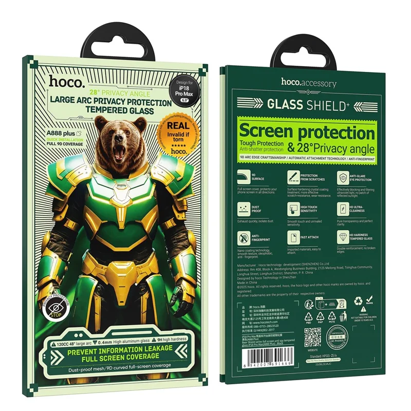 HOCO A888 Plus per iPhone 18 Pro Max Pellicola Protettiva per la Privacy Anti-Graffio in Vetro Temperato con Copertura Totale - Nero