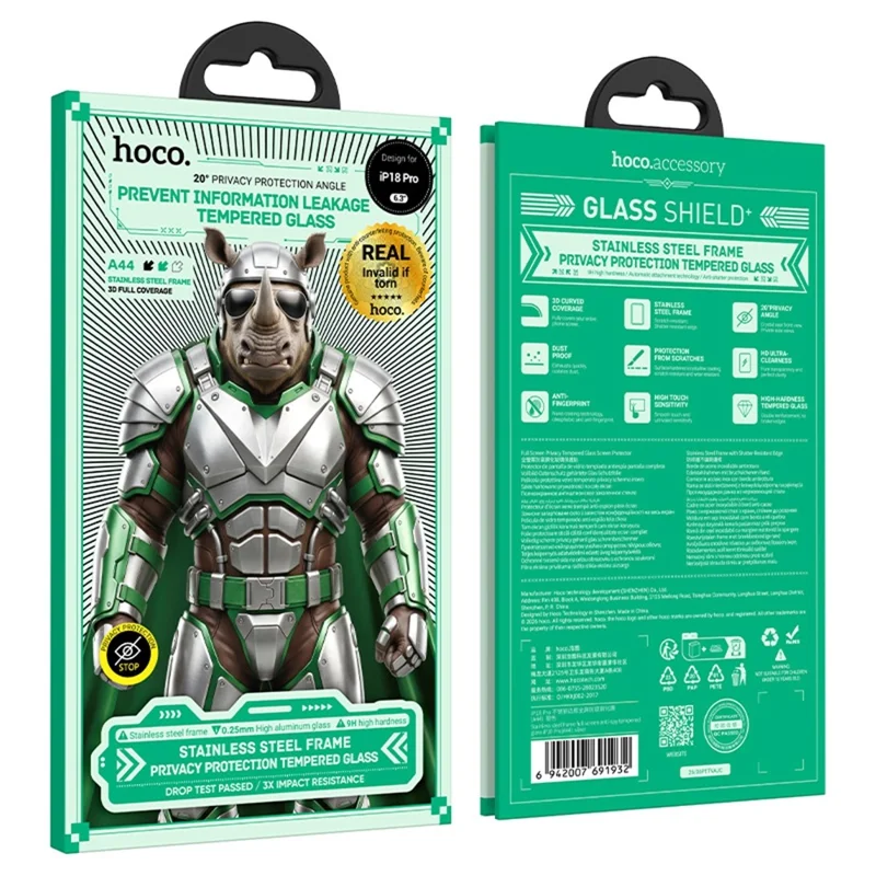 HOCO A44 for iPhone 18 Pro Privacy Screen Protector Full Coverage High Aluminium-silicon Glass + Stainless Steel Frame Anti-Peeping Film - Silver