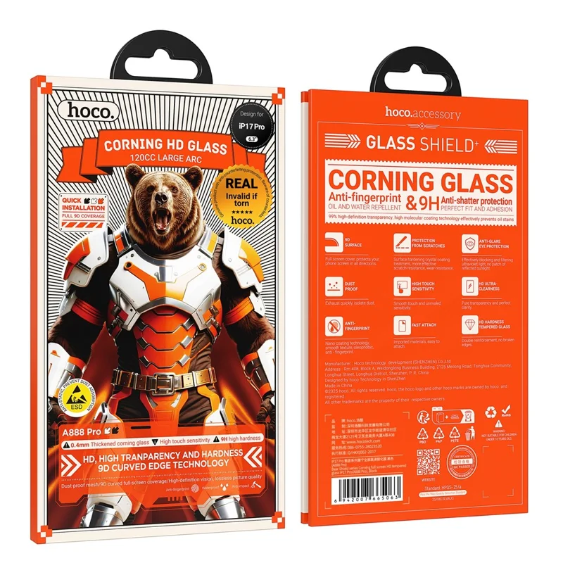 HOCO A888 Pro per iPhone 18 Pro / 17 Pro Protezione Schermo in Vetro Corning Gorilla Glass Copertura Totale HD Pellicola Protettiva - Nero