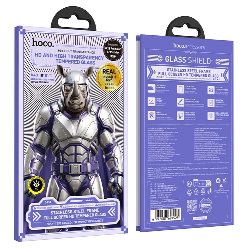 HOCO A43 for iPhone 18 Pro Max / 17 Pro Max Screen Protector HD High Aluminium-silicon Glass + Stainless Steel Frame Full Screen Film - Silver