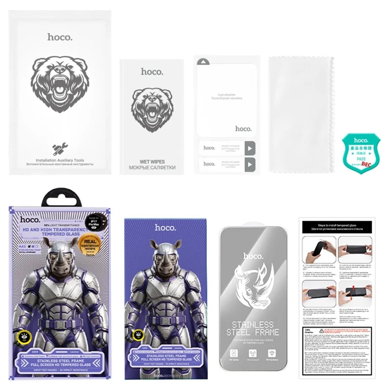HOCO A43 for iPhone 18 Pro Max / 17 Pro Max Screen Protector HD High Aluminium-silicon Glass + Stainless Steel Frame Full Screen Film - Silver