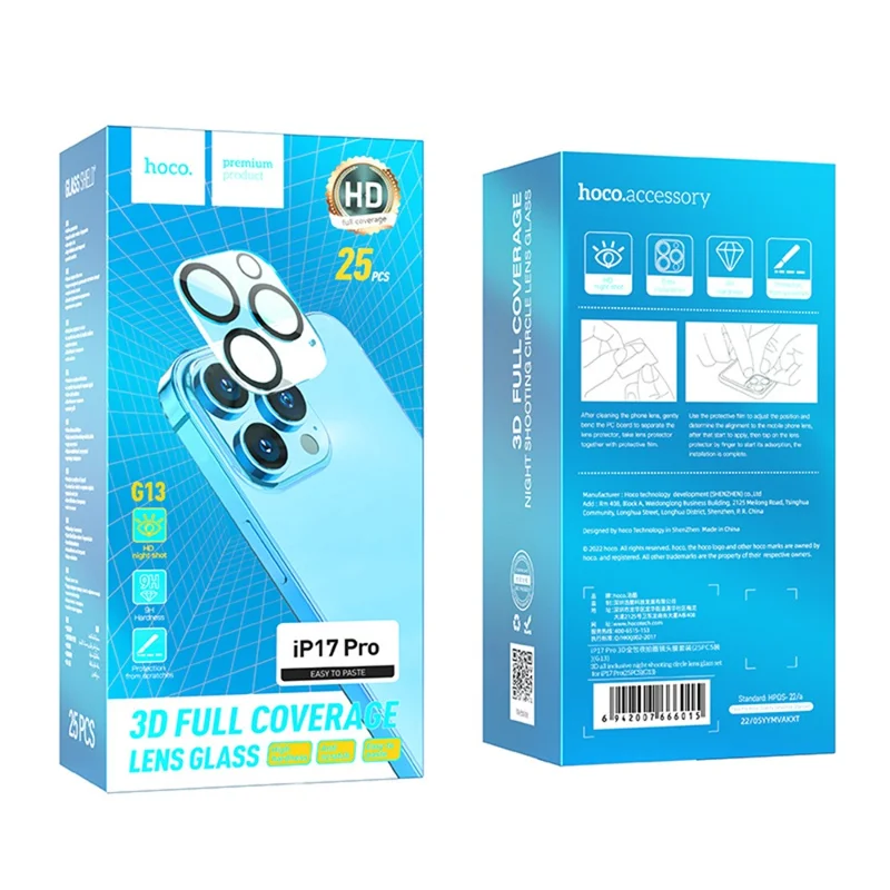 HOCO G13 25Pcs for iPhone 17 Pro Camera Lens Protector 3D Full Coverage Night Circle High Aluminium-silicon Glass Clear Film Set - Transparent