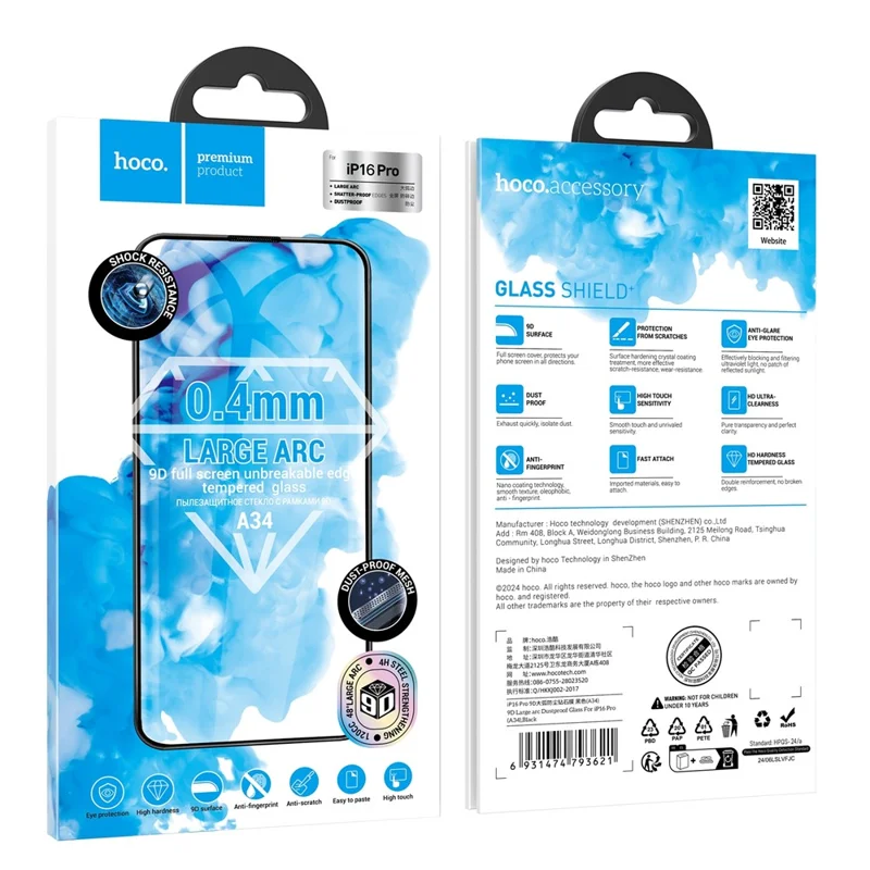HOCO A34 para iPhone 16 Pro Protector de Pantalla 9D Borde Curvo Grande Cobertura Completa Protector de Vidrio Templado a Prueba de Polvo - Negro