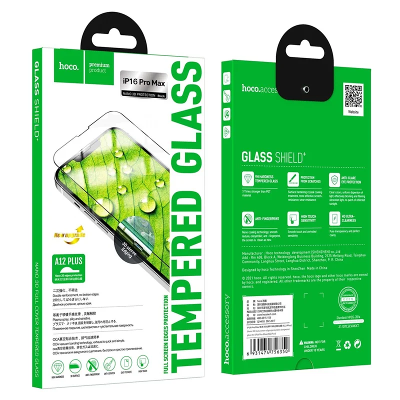 HOCO A12 Plus for iPhone 16 Pro Max Screen Protector 3D Full Coverage Nano Technology 0.33mm High Aluminium-silicon Glass Film - Black