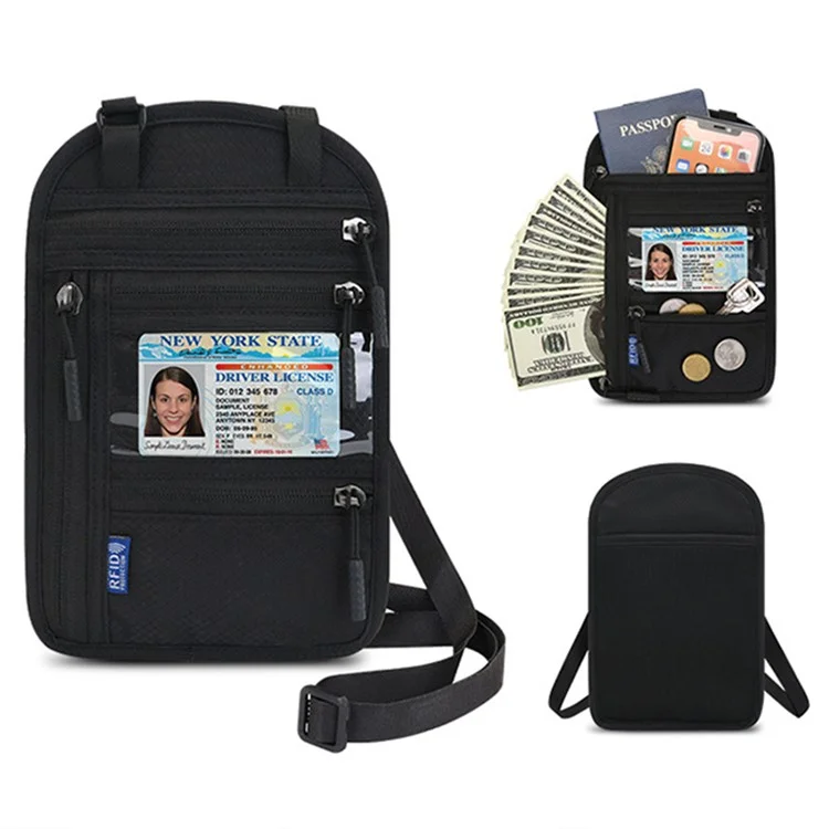 Multifunctional Halter Passport Bag RFID Blocking Crossbody Bag Ticket Document Protection Storage Pouch - Black