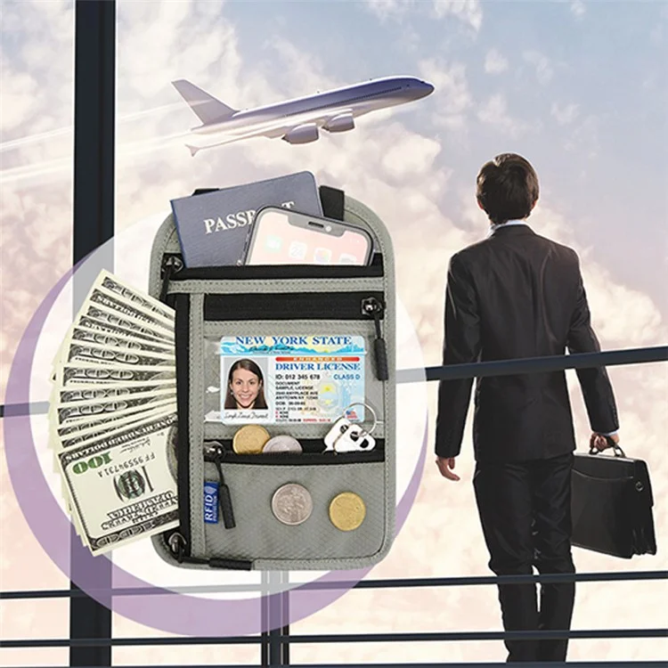 Multifunctional Halter Passport Bag RFID Blocking Crossbody Bag Ticket Document Protection Storage Pouch - Black