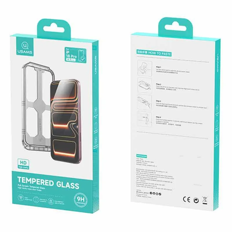 USAMS voor iPhone 18 Pro Max Schermbeschermer Volledige Dekking 0,33 mm HD Gehard Glasfolie met Automatisch Uitlijning Hulpmiddel - Zwart