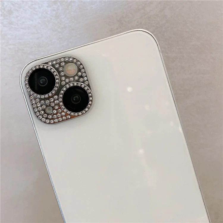 MKADI Para iPhone 14 Plus / 14 Protector de Lente de Cámara con Decoración de Cristales Brillantes Metal+Vidrio Templado Antiarañazos - Plata