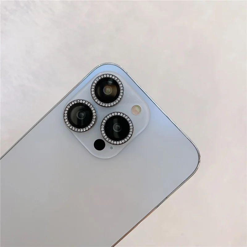 MKADI For iPhone 14 Pro / 14 Pro Max 1 Set Metal + Tempered Glass Camera Lens Protector Rhinestone Decor Anti-scratch Lens Film - Silver