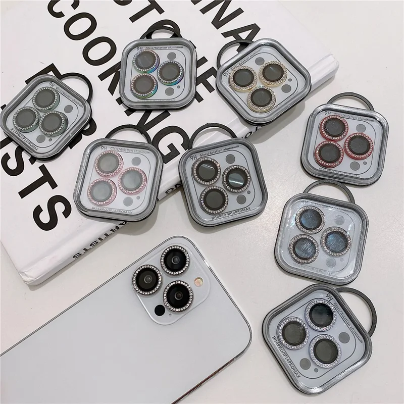 MKADI For iPhone 14 Pro / 14 Pro Max 1 Set Metal + Tempered Glass Camera Lens Protector Rhinestone Decor Anti-scratch Lens Film - Silver
