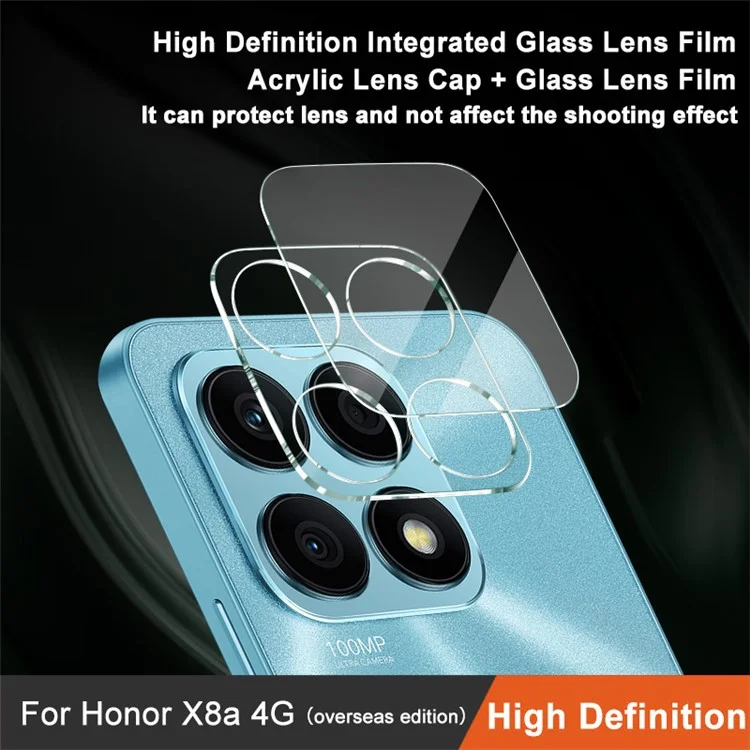IMAK Para Honor X8a 4G Teléfono Protector de Lente de Cámara Integrado Película de Vidrio Templado+Tapa de Lente de Acrílico 