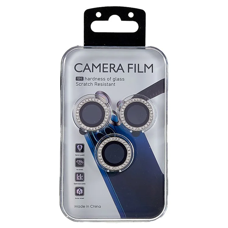 Camera Lens Protector for iPhone 14 Pro / 14 Pro Max , Rhinestone Metal Frame + Tempered Glass Individual Lens Film - Silver