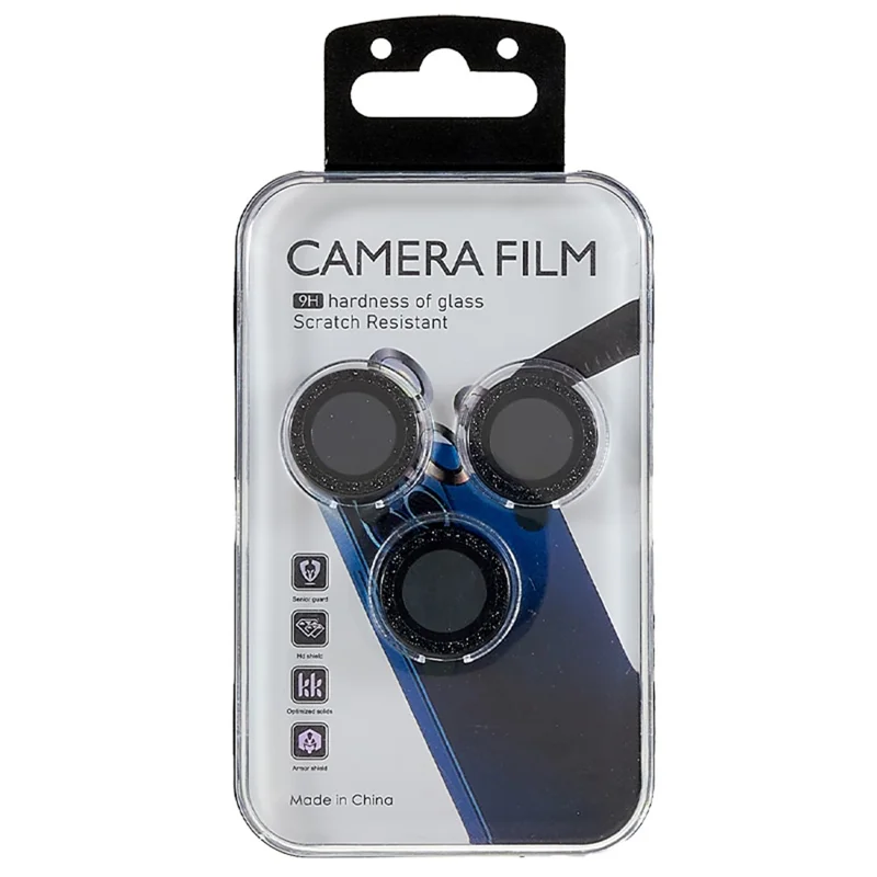 Protetor de Lente de Câmera Bling para iPhone 14 Pro / 14 Pro Max, Capa Individual de Lente com Moldura Metálica e Brilho + Vidro Temperado - Preto