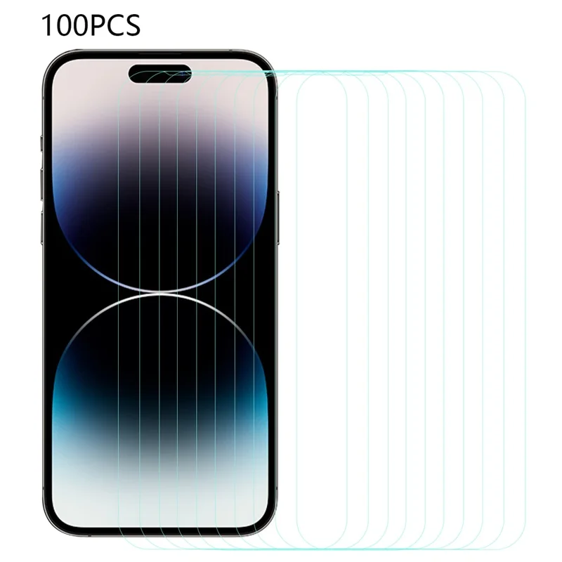 100Pcs For iPhone 14 Pro Anti-Explosion Film HD Clear Arc Edge Tempered Glass Screen Protector (No Package, with Wipes Set, Dust-absorber, Guide Sticker)