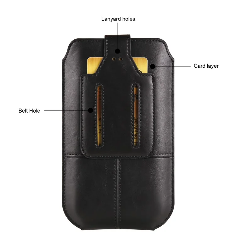 Crazy Horse Texture PU Leather Phone Belt Pouch for Cell Phones Universal Waist Phone Holster Bag with Card Layer - 6.1" / Black