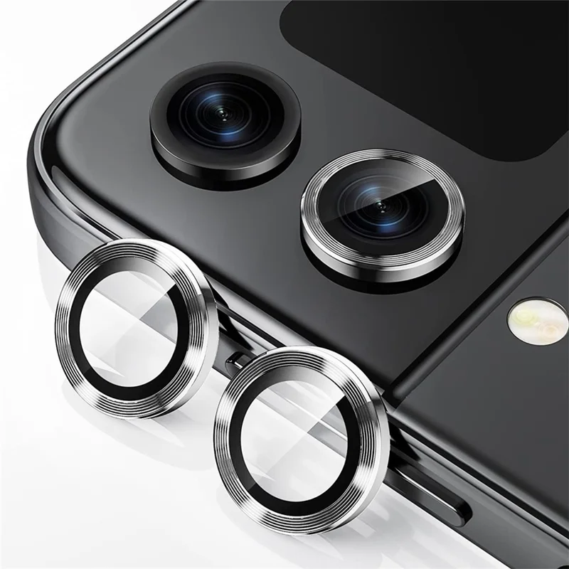 ENKAY HAT PRINCE Protezione per obiettivo della fotocamera per Samsung Galaxy Z Flip5 5G, vetro temperato + anello in lega di alluminio Coperchio posteriore per obiettivo Adesivo - Argento