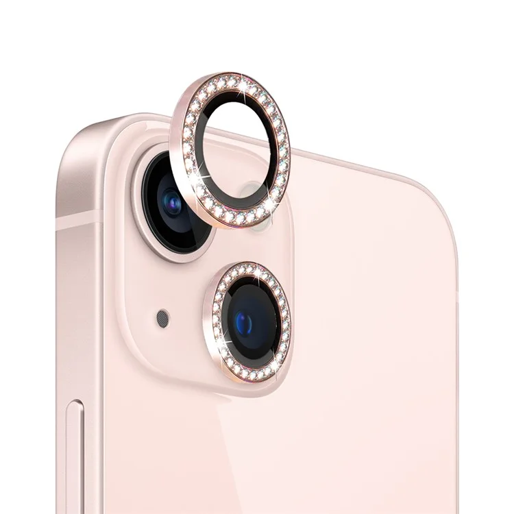 NORTHJO 1 Set para iPhone 13 / 13 mini Vidro Temperado + Anel de Metal Individual Anel de Cristal Rhinestone Filme de Lentes HD Transparente Protetor de Lente da Câmera - Ouro Rosa