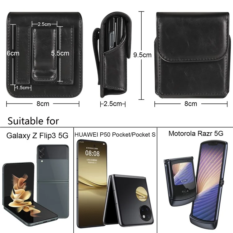 Per Samsung Galaxy Z Flip3 5G / Z Flip4 5G / Z Flip5 5G Crazy Horse PU Leather Phone Belt Bag Wasit Phone Holster Pouch - Nero