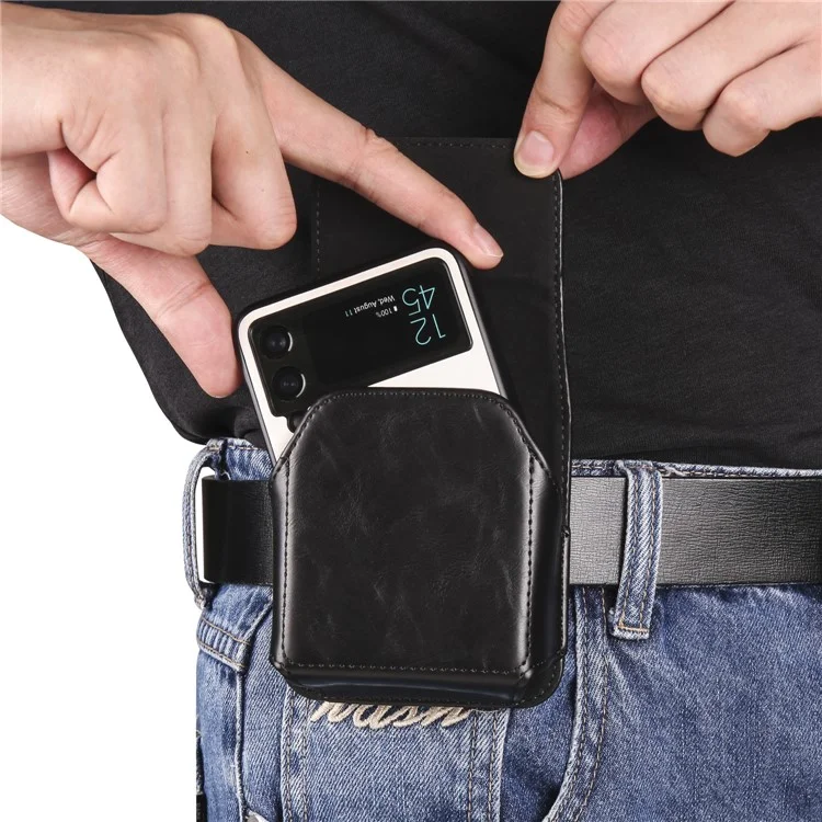 Per Samsung Galaxy Z Flip3 5G / Z Flip4 5G / Z Flip5 5G Crazy Horse PU Leather Phone Belt Bag Wasit Phone Holster Pouch - Nero