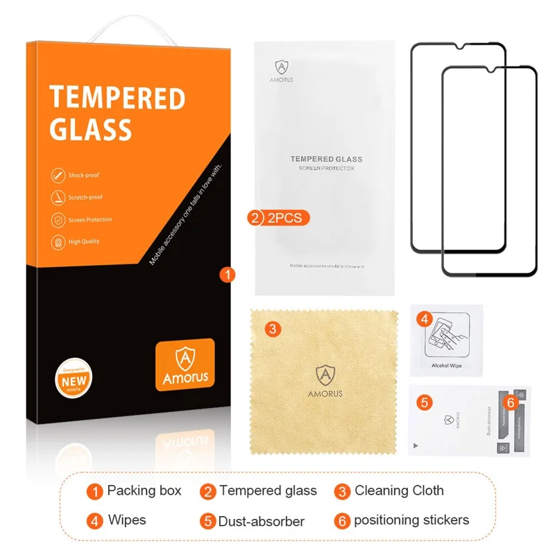 AMORUS 2Pcs For Motorola Moto E7 Power Tempered Glass Film Silk Printing Full Glue Full Screen Protector - Black