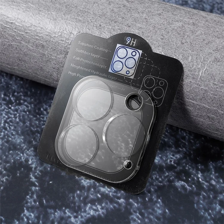 Pour iPhone 15 Pro / 15 Pro Max Protecteur d'objectif de caméra à impression de soie Verre trempé Film arrière de lentille de téléphone avec plaque de fond