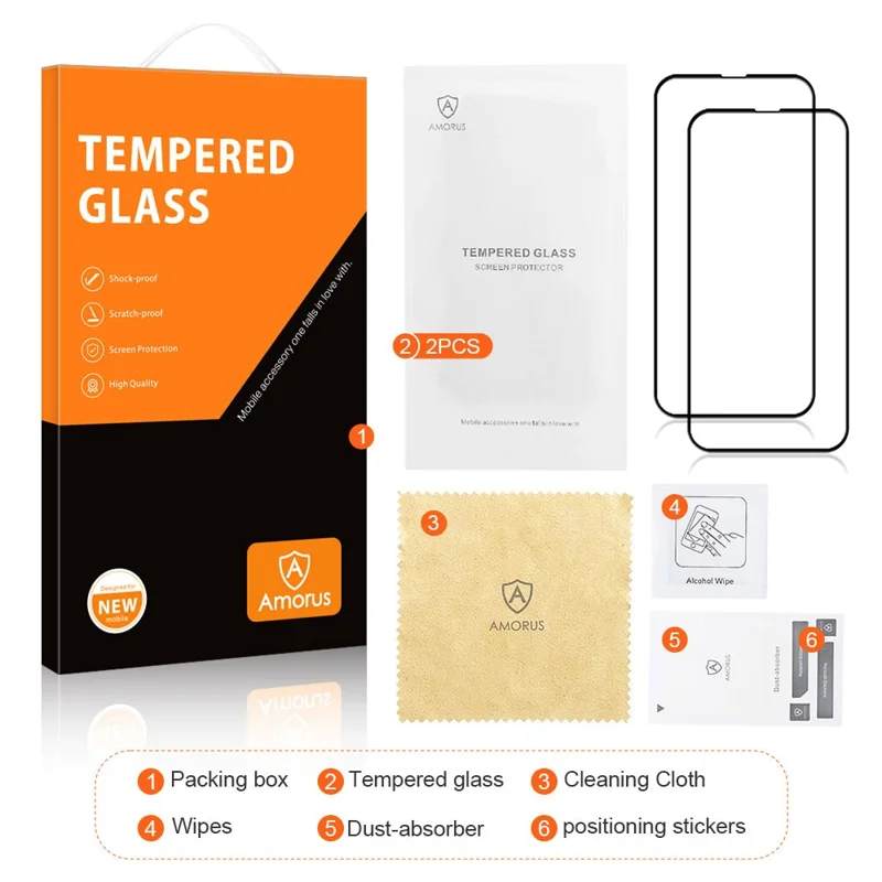 AMORUS 2Pcs HD Clear Tempered Glass Film For iPhone 15 Plus Silk Printing Full-Coverage Full Glue Screen Protector - Black